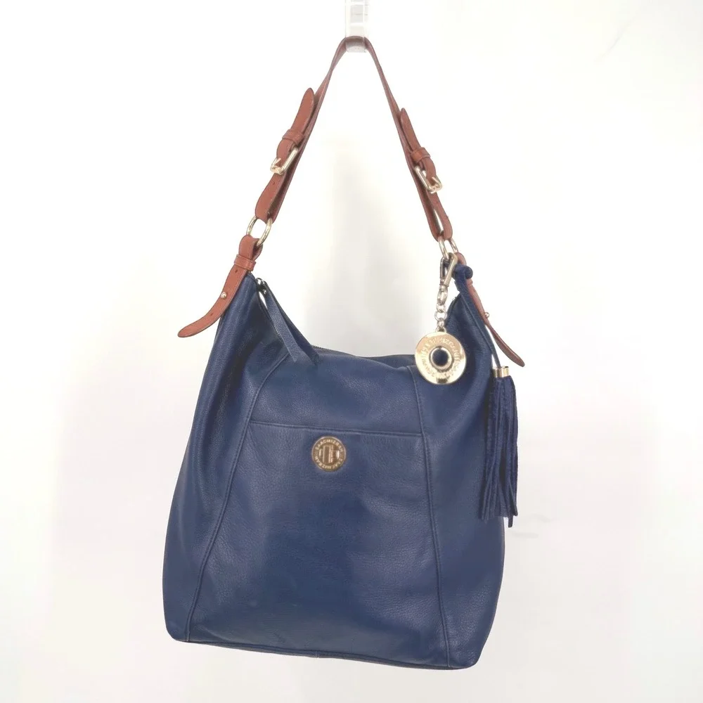 Isaac Mizrahi‎ Hobo Bag Womens Navy Blue Pebbled Leather Tassel Gold Hardware